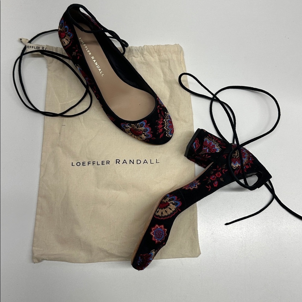 Loeffler Randall Clara Heels Embroidered Suede Ankle Tie Pumps Floral Black 6.5